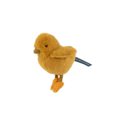 Yellow plush chick toy with orange feet on transparent background