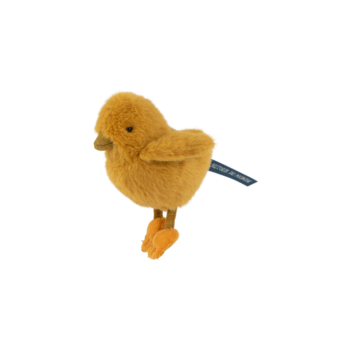 Yellow plush chick toy with orange feet on transparent background