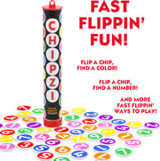 Chipzi game tube with colorful chips scattered around showing fast flippin fun.