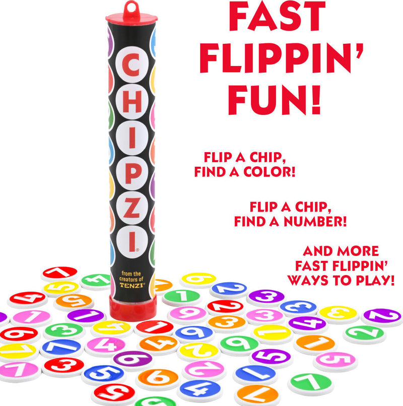 Chipzi game tube with colorful chips scattered around showing fast flippin fun.