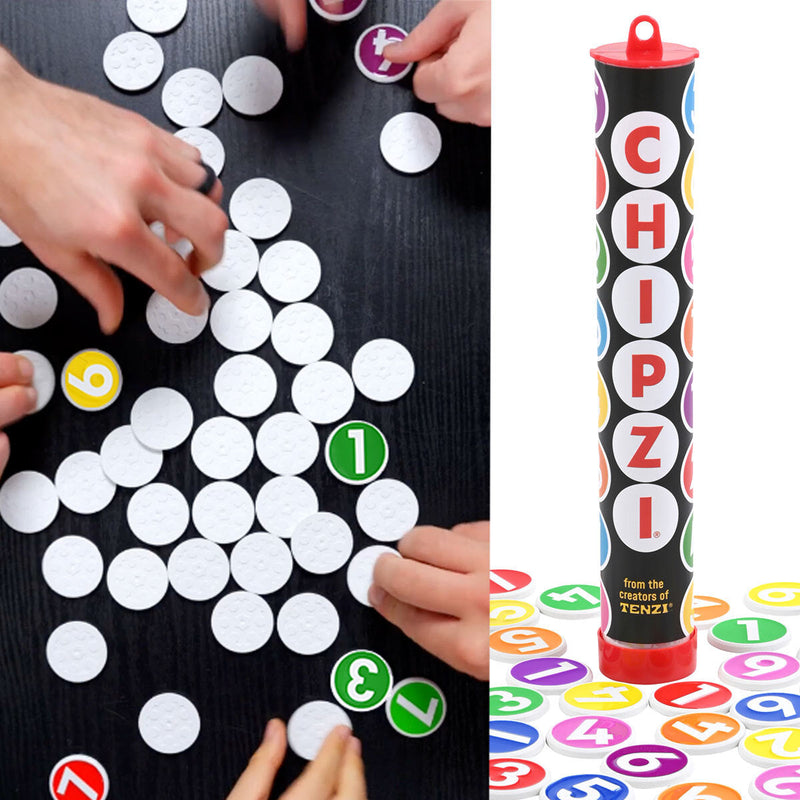Chipzi game showing hands playing with colorful numbered chips and cylindrical game tube.