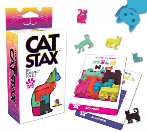 Cat Stax puzzle game box with colorful cat-shaped pieces and challenge cards displayed