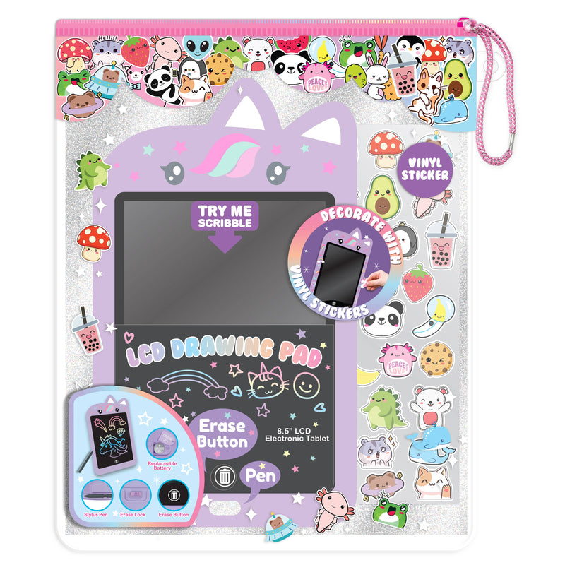Purple LCD drawing pad with cute kawaii critter stickers and stylus pen on white background