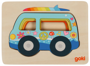 Goki wooden layer puzzle featuring a colorful hippie-style van with rainbow surfboard