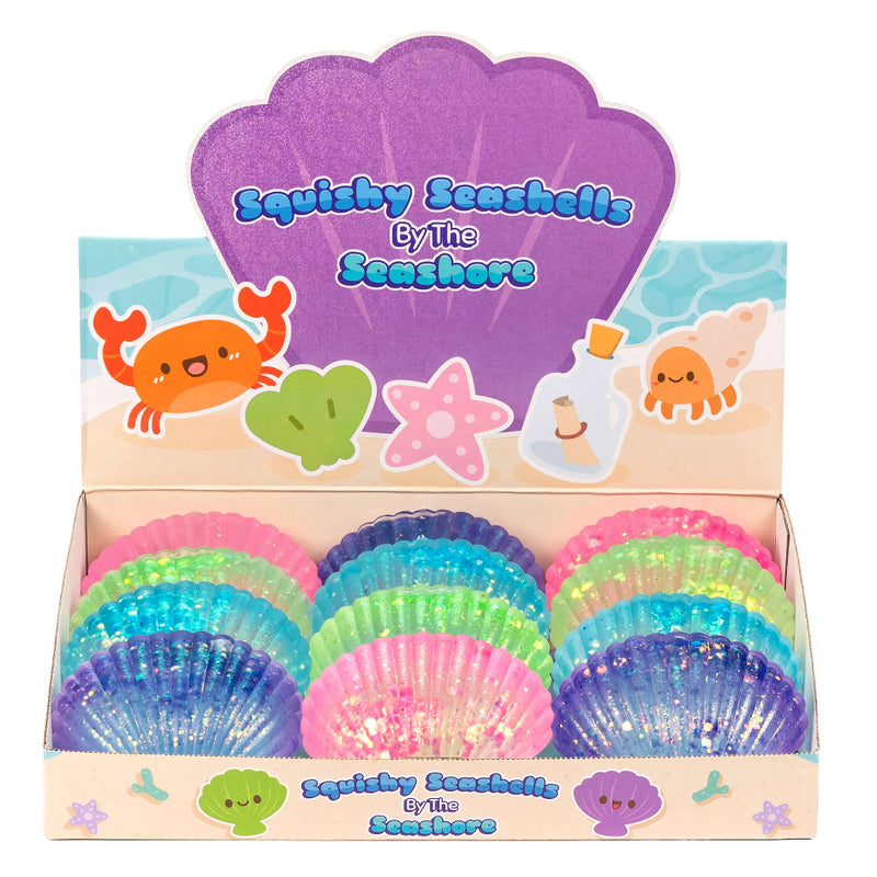 Squishy Seashells by the Seashore glittery rainbow squishy toys in display box