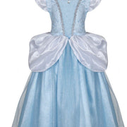 Blue and white Cinderella princess gown with puffed sleeves and black choker necklace