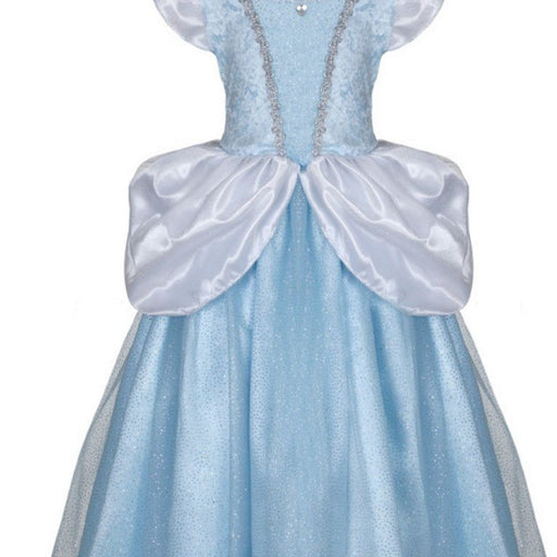Blue and white Cinderella princess gown with puffed sleeves and black choker necklace