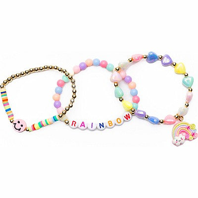 Three colorful beaded bracelets with rainbow colors, letters, and unicorn charm