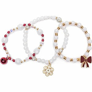 Three holiday-themed beaded bracelets with red, white, gold beads and charms