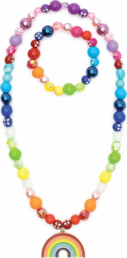 Rainbow colored beaded necklace and bracelet set with rainbow pendant charm