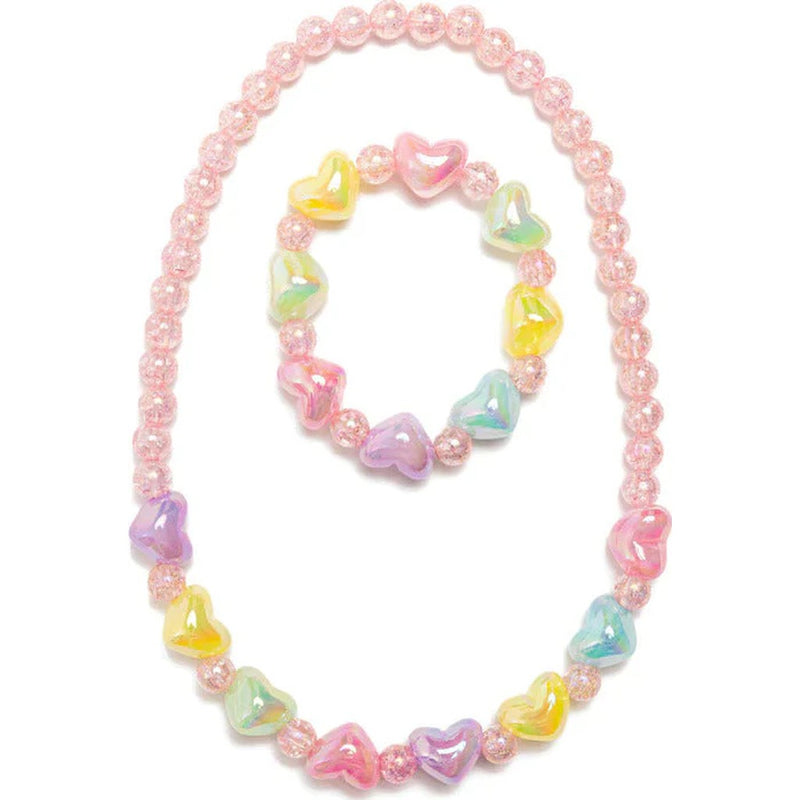 Pink beaded necklace and bracelet set with colorful heart-shaped accent beads