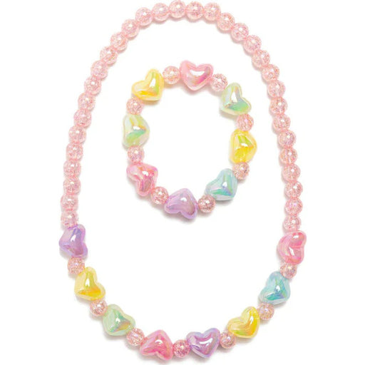 Pink beaded necklace and bracelet set with colorful heart-shaped accent beads
