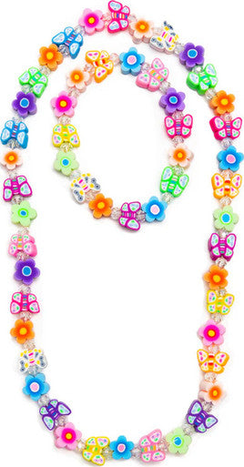 Colorful children's jewelry set with flower-shaped beads forming necklace and bracelet