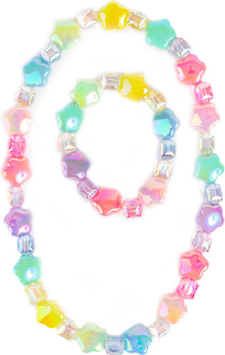 Colorful star-shaped beaded necklace and bracelet set on white background
