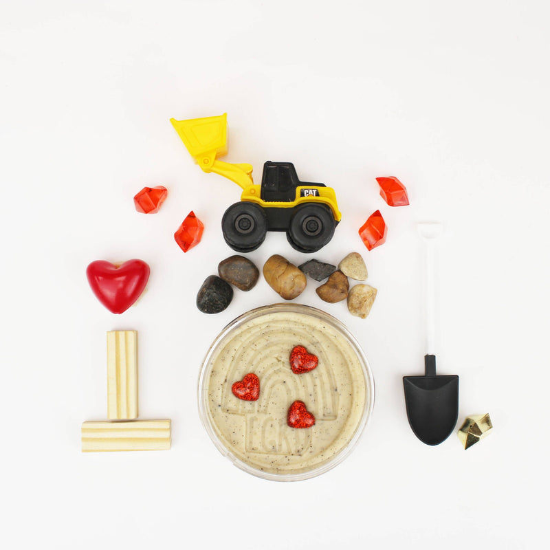 Valentine's construction themed play dough kit with toy bulldozer and heart decorations