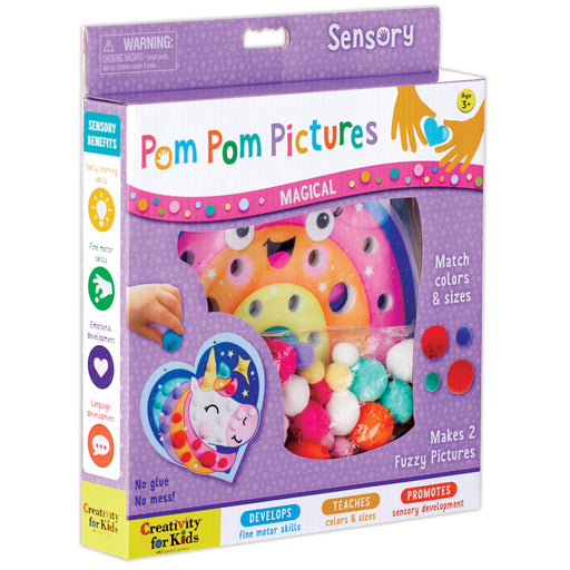 Pom Pom Pictures Magical craft kit box showing colorful pom poms and unicorn design