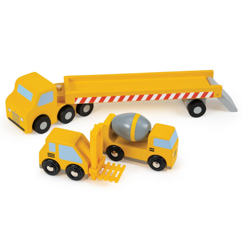 Yellow wooden construction vehicle set with flatbed truck, bulldozer and cement mixer toy