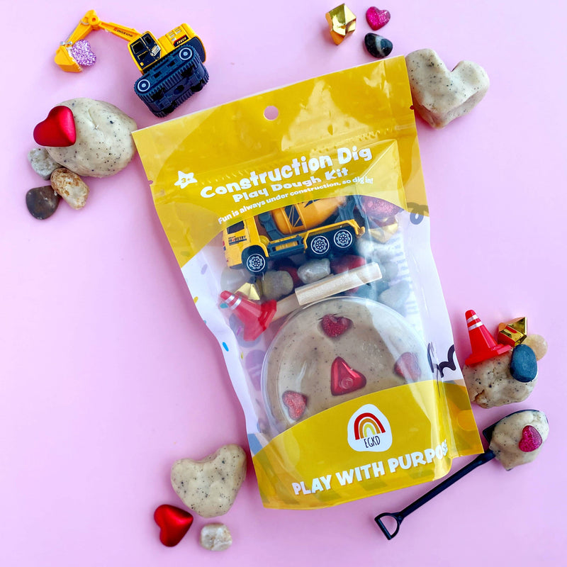 Valentine's themed construction play dough kit with excavator toys and heart-shaped dough pieces
