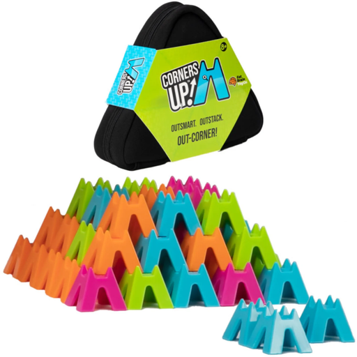 Corners Up is a colorful stacking game/. Picture shows game pieces and canvas game bag.