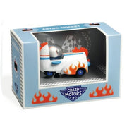DJECO Crazy Motors Astro Rocket toy car in white packaging box with flames