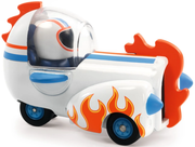 White toy rocket ship with orange flames and blue wheels on white background