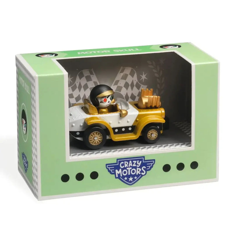 DJECO Crazy Motors Motor Skull toy car in packaging with skull driver and golden details