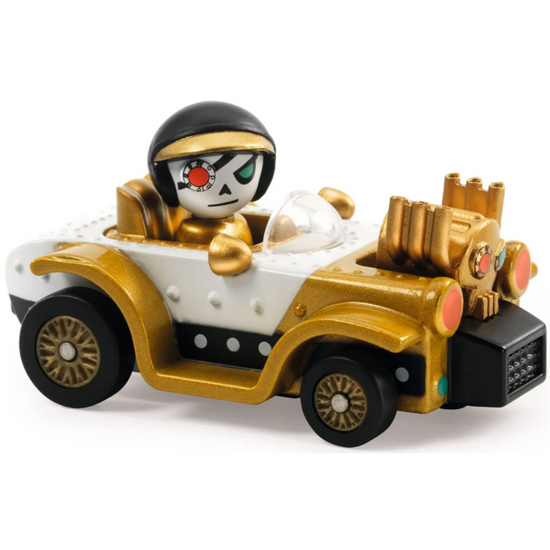DJECO Motor Skull crazy car toy with skull driver in gold and white vehicle