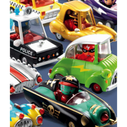 Collection of colorful toy cars including police car, green truck, and pirate car