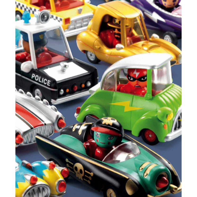 Collection of colorful toy cars including police car, green truck, and pirate car