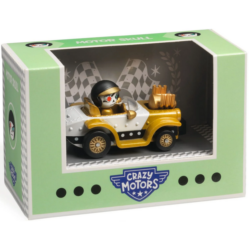 DJECO Crazy Motors Motor Skull toy car in green packaging box with racing theme