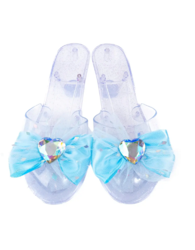 Clear plastic high heel dress-up shoes with lilac color and blue bows with heart gems