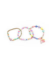 Two colorful beaded bracelets with rainbow theme featuring letter beads and rainbow charm