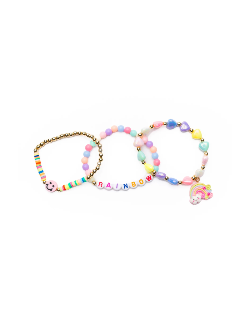 Two colorful beaded bracelets with rainbow theme featuring letter beads and rainbow charm