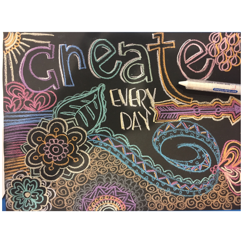 Colorful chalk art drawing showing Wonder Stix crayon creating vibrant designs on black paper