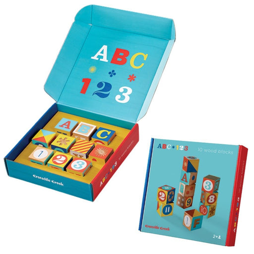 Crocodile Creek ABC/123 wood blocks set with colorful letters and numbers in turquoise packaging