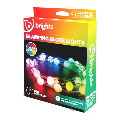 Brightz Glamping Globe String Lights packaging box showing colorful LED globe lights