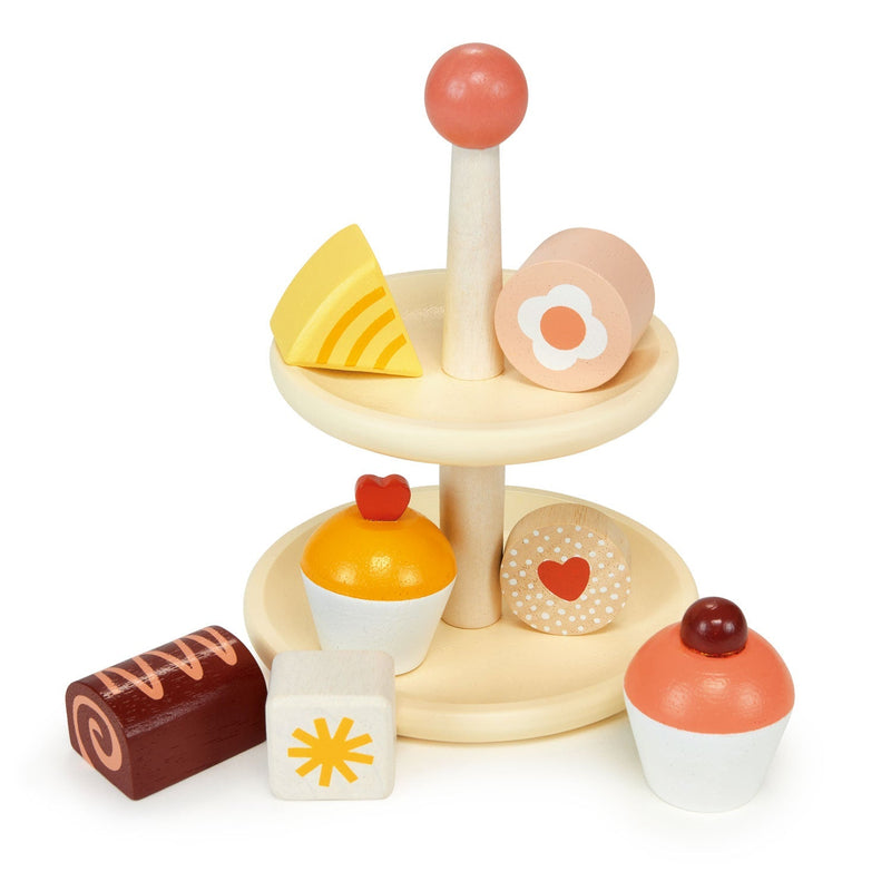 Wooden cupcake stand toy with tiered display and decorative play food items