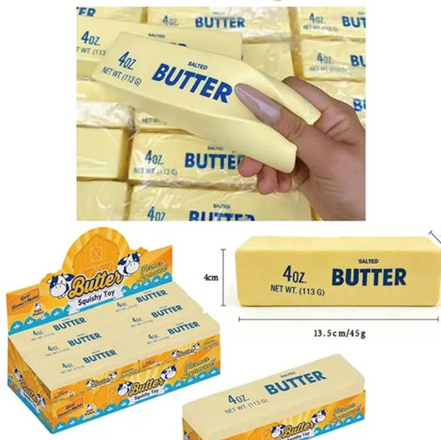 Yellow butter stick squishy toys displayed with hand holding one and packaging