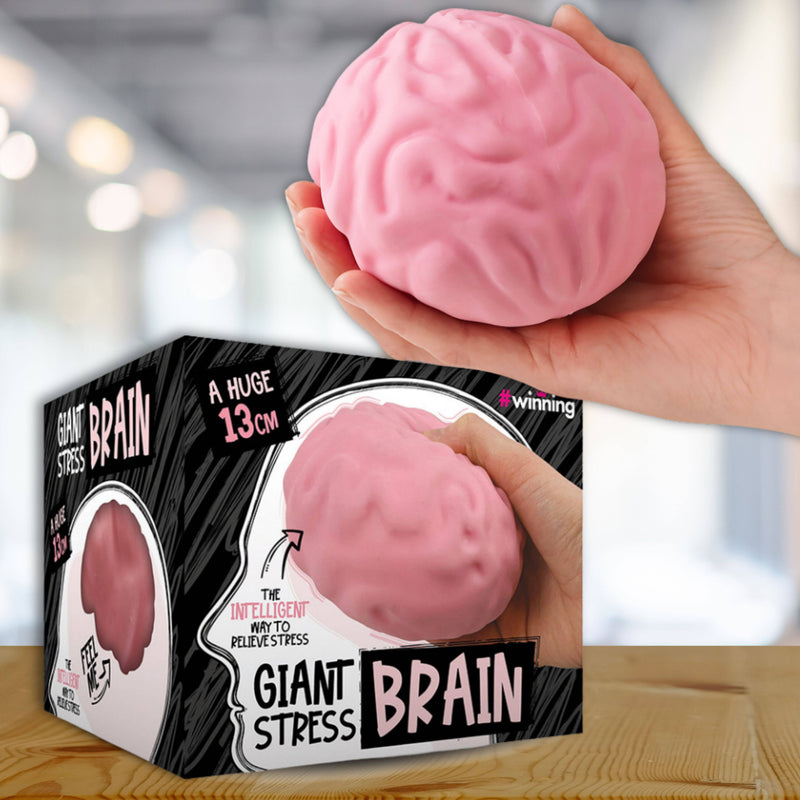 Pink brain-shaped stress toy held in hand with retail packaging box