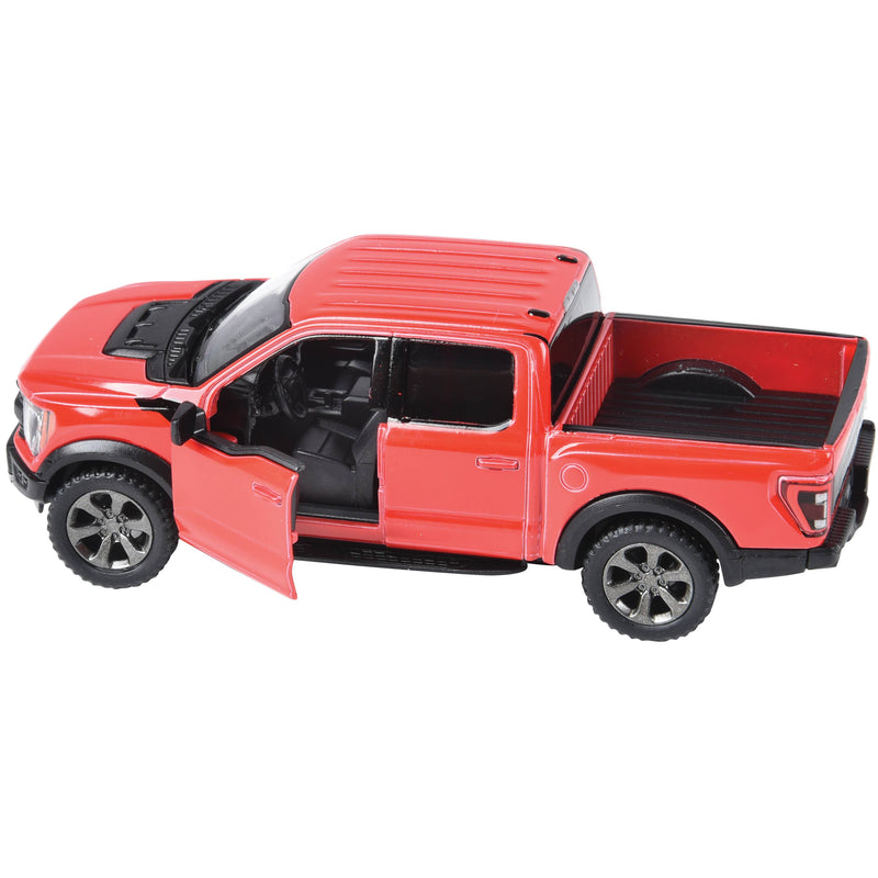 Red diecast Ford F-150 pickup truck model with open driver door showing interior details