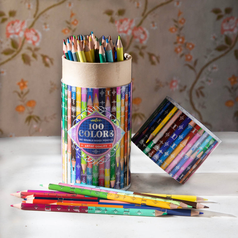 eeBoo 100 Colors double-sided colored pencils in decorative cylinder container with scattered pencils