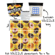 Squzzle Donuts puzzle showing packaging and colorful donut pattern on yellow background