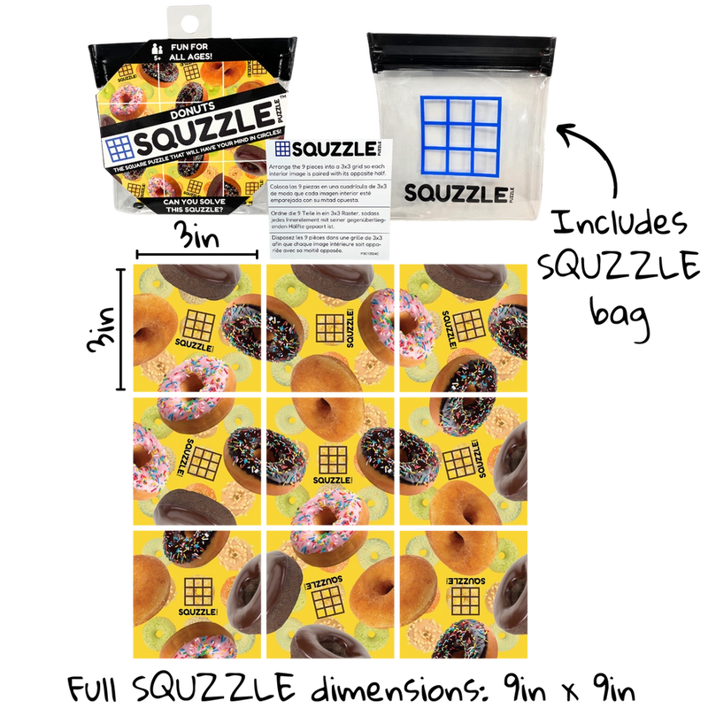 Squzzle Donuts puzzle showing packaging and colorful donut pattern on yellow background