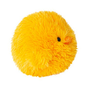 Yellow fluffy round plush toy chick with small black eye and orange beak