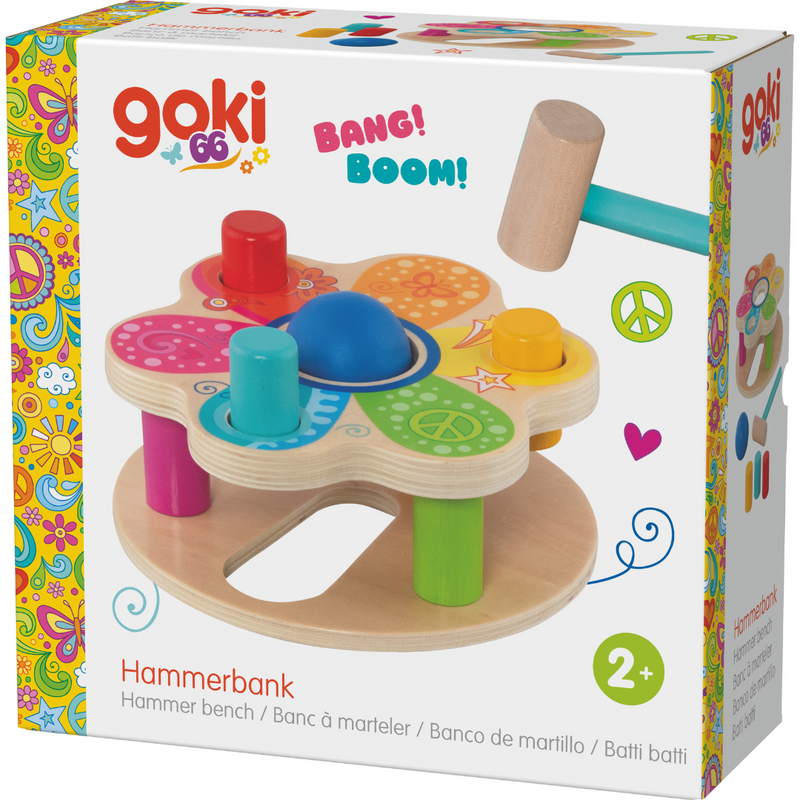 Goki 66 wooden hammer bench toy with colorful pegs and mallet for toddlers 2+