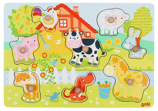 Goki wooden farm animal peg puzzle featuring cow, pig, sheep, rabbit, cat, dog, and horse pieces