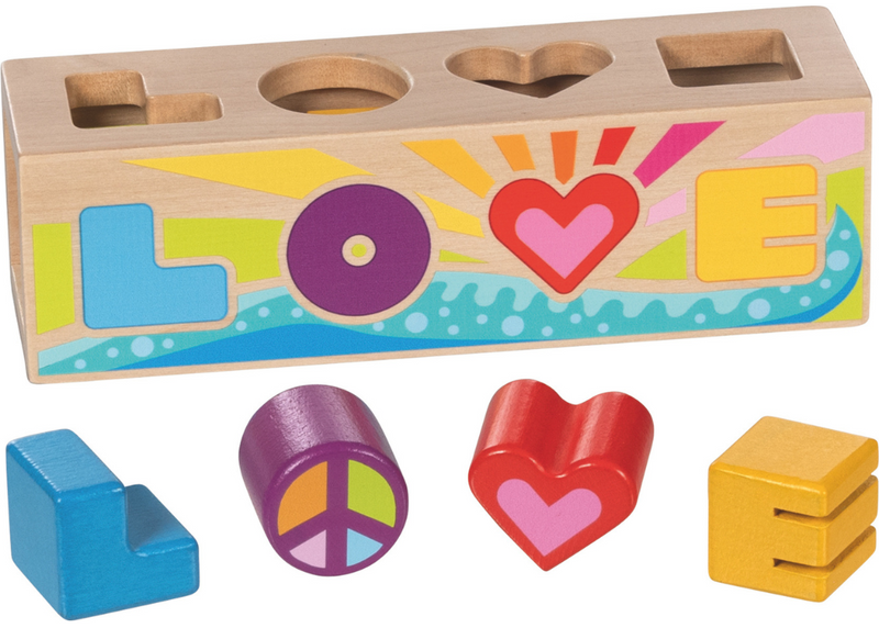 Goki Love Sort Box wooden shape sorter with four colorful letter-shaped puzzle pieces