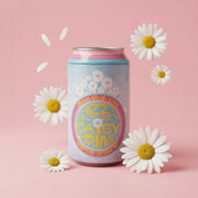 Soda can flower grow kit with daisy design surrounded by white daisies on pink background