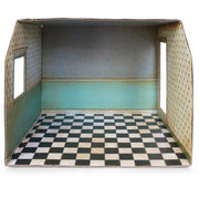 Cardboard dollhouse room interior with checkered floor and floral wallpaper