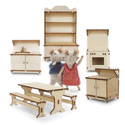 Wooden dollhouse furniture kit with cabinets table benches and toy mice